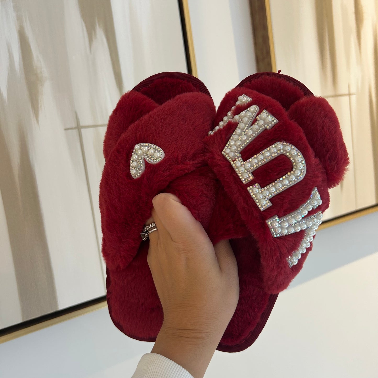 Red Personalised Fluffy Pearl Slippers