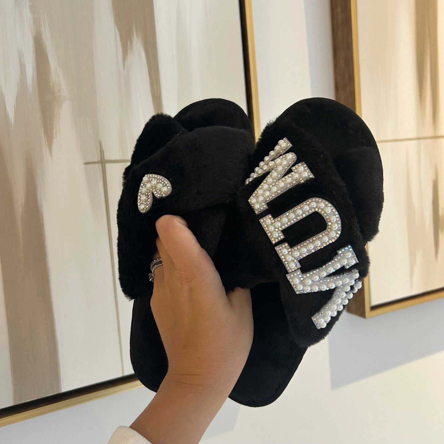Black Personalised Fluffy Pearl Slippers