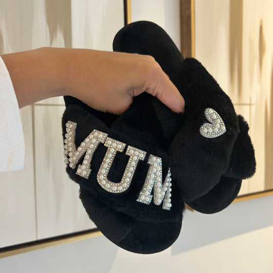 Black Personalised Fluffy Pearl Slippers