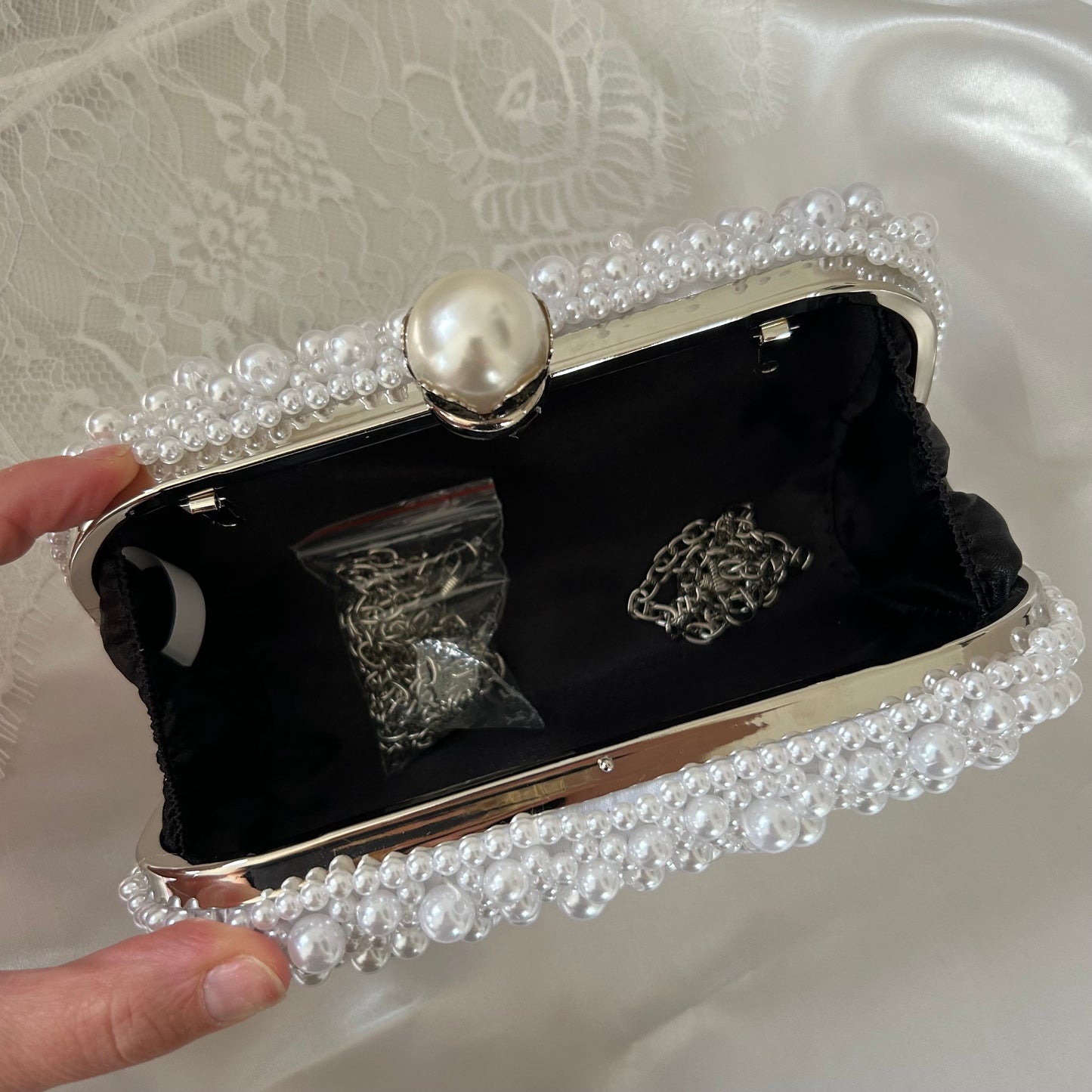 Silver Full Pearl Bridal Clutch Bag