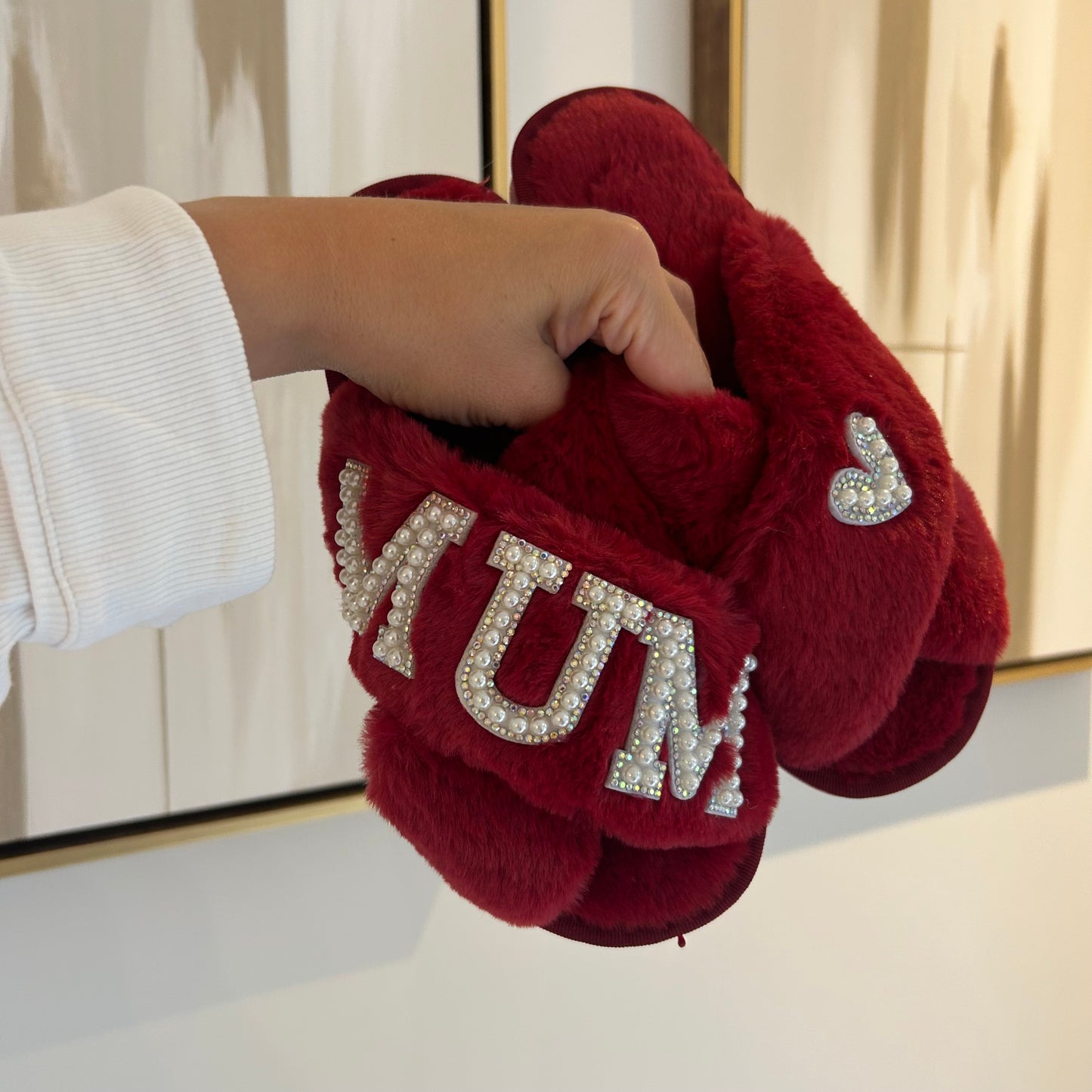 Red Personalised Fluffy Pearl Slippers