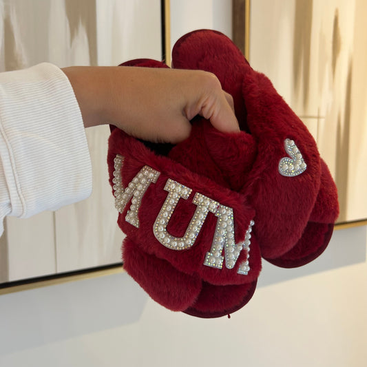 Red Personalised Fluffy Pearl Slippers