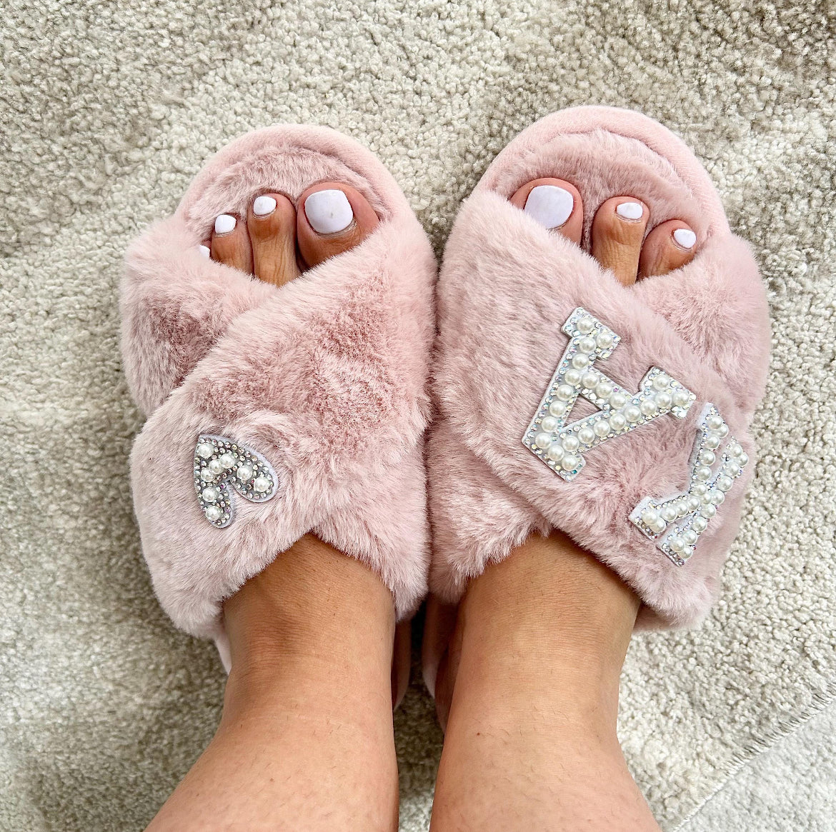 Pink Personalised Fluffy Pearl Slippers