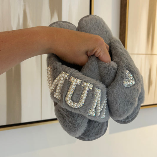 Grey Personalised Fluffy Pearl Slippers