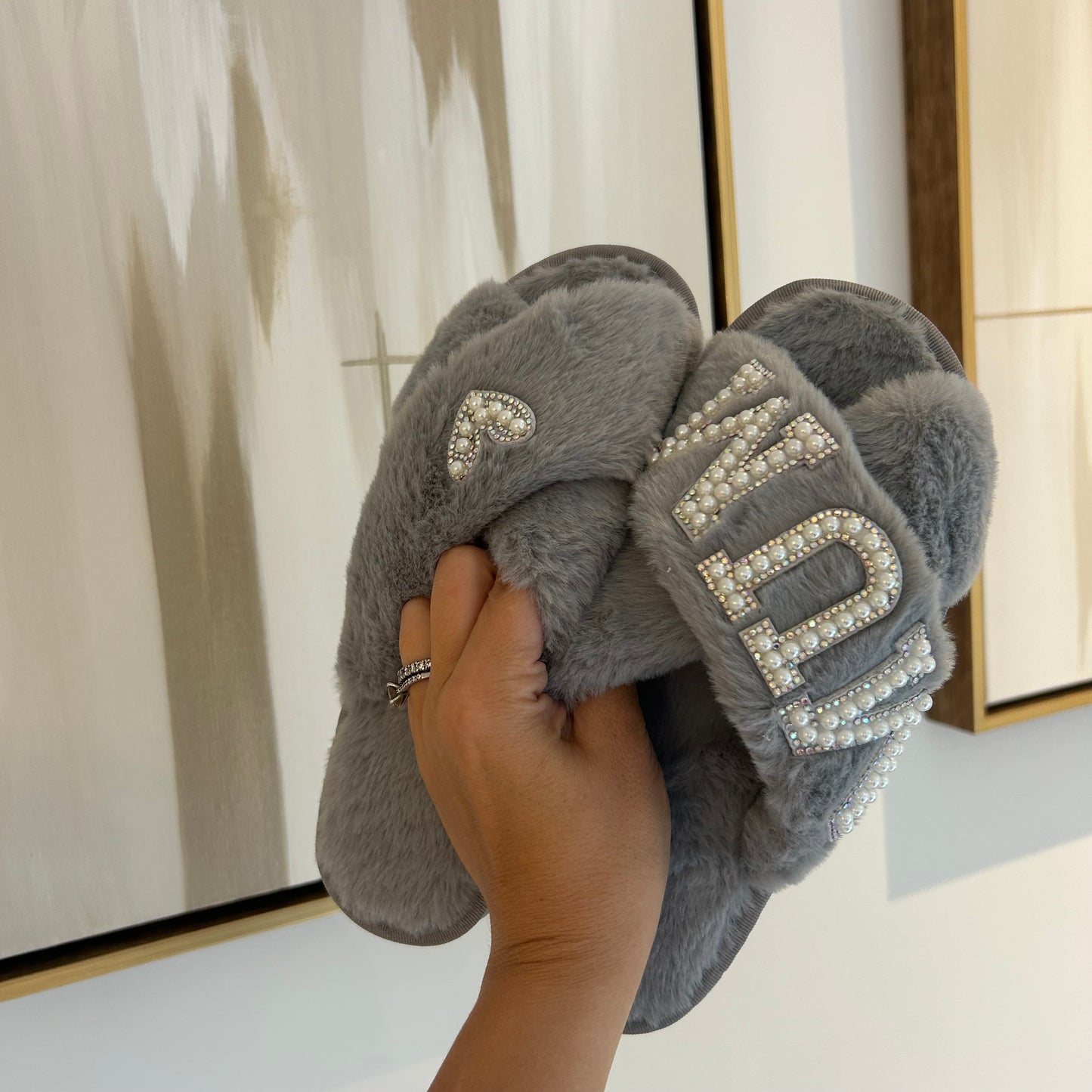 Grey Personalised Fluffy Pearl Slippers