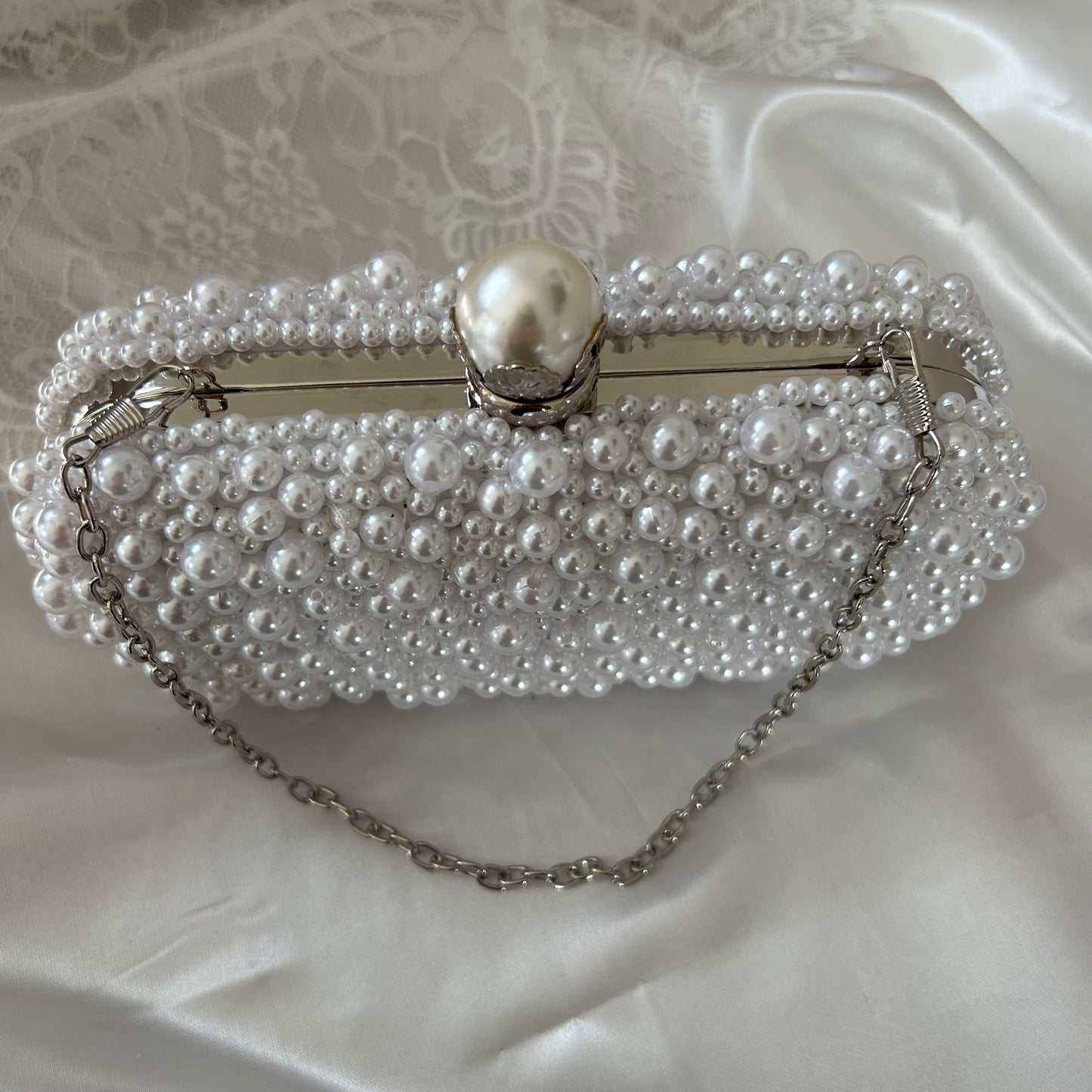 Silver Full Pearl Bridal Clutch Bag