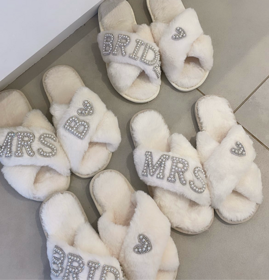 White Personalised Fluffy Pearl Slippers