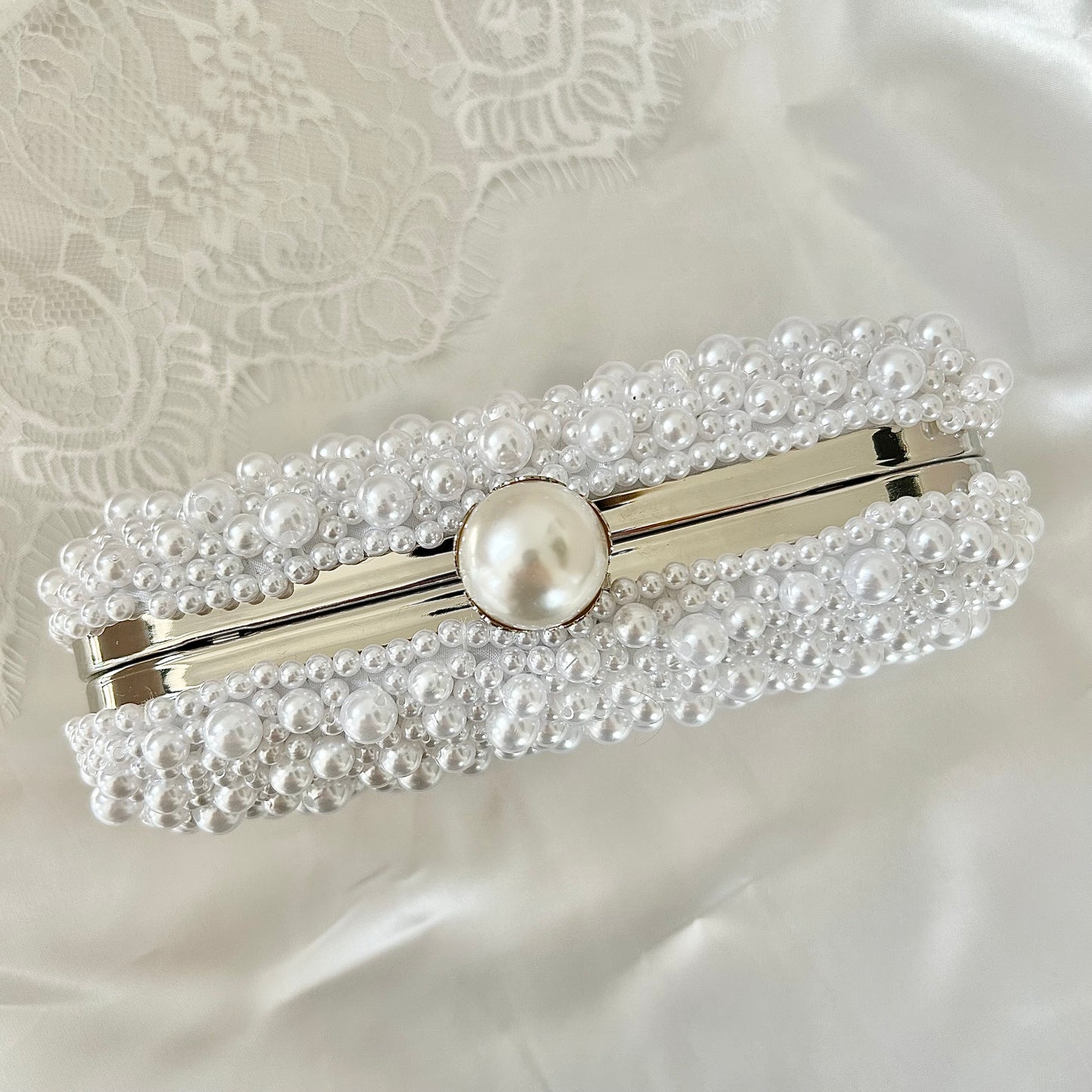 Silver Full Pearl Bridal Clutch Bag