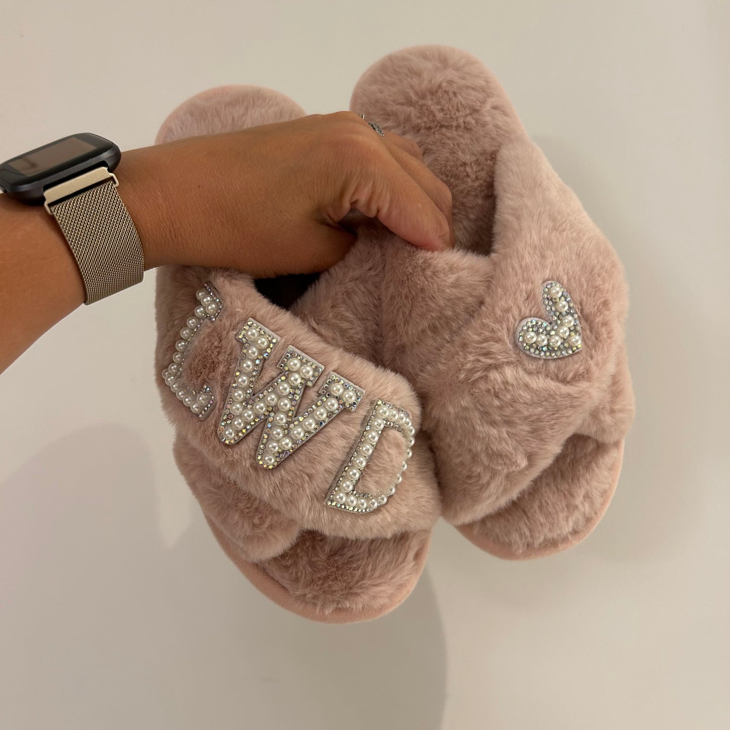 Pink Personalised Fluffy Pearl Slippers