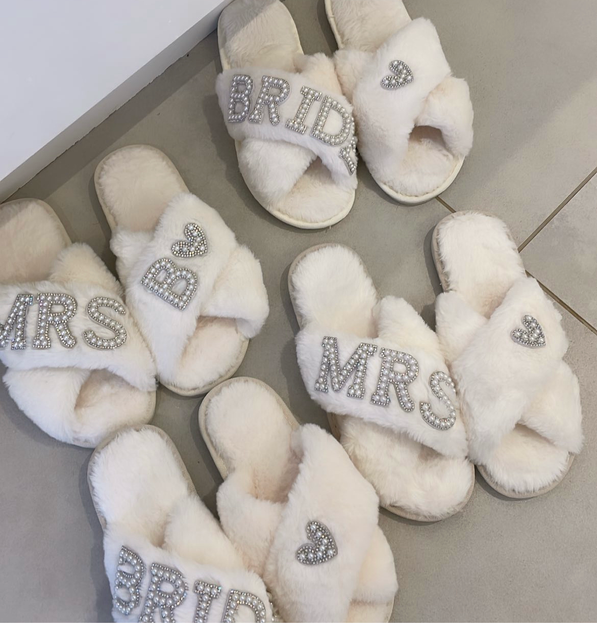White Personalised Fluffy Pearl Slippers