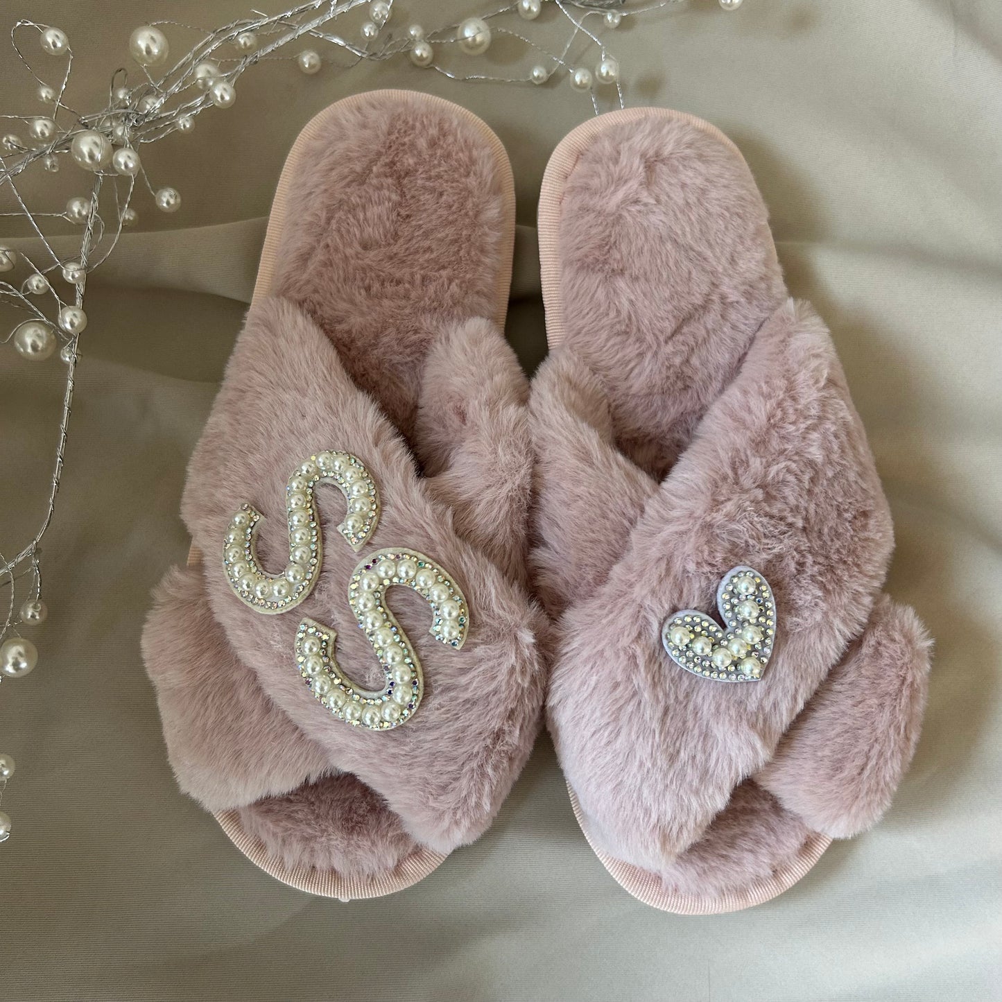 Pink Personalised Fluffy Pearl Slippers